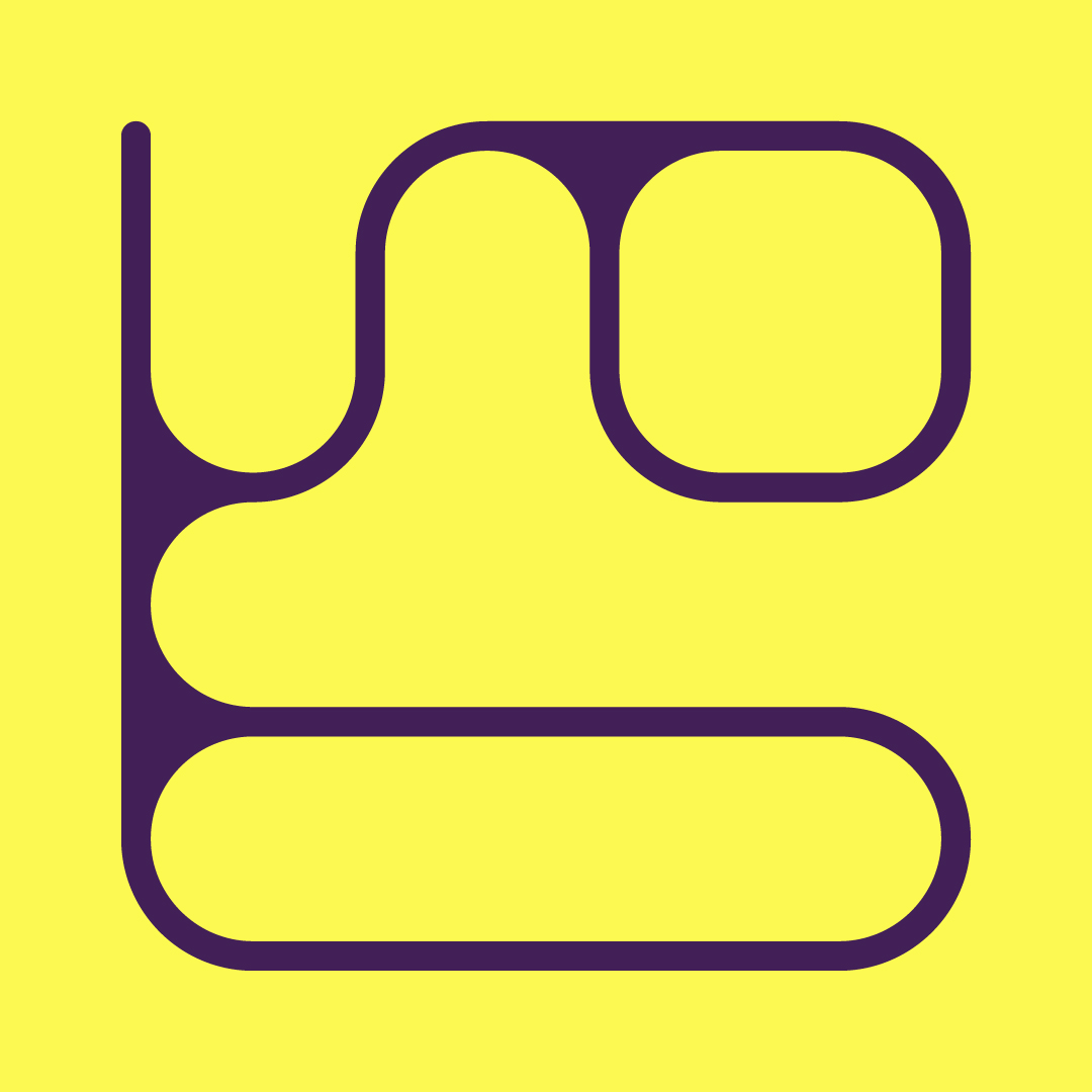 Forme abstraite en lignes violettes épaisses sur fond jaune lumineux.