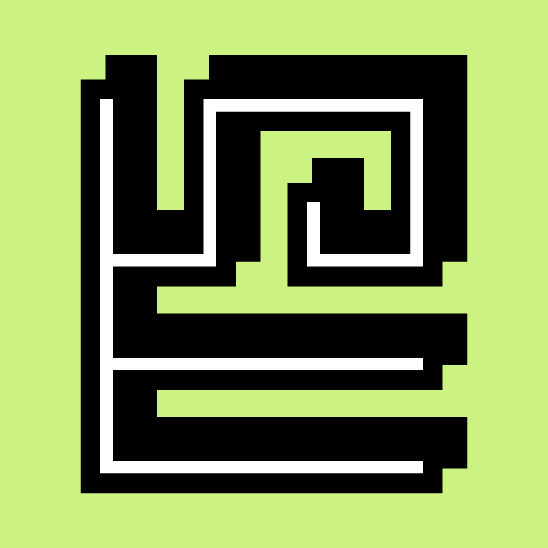 Labyrinthe carré noir avec chemin blanc sur fond vert clair.