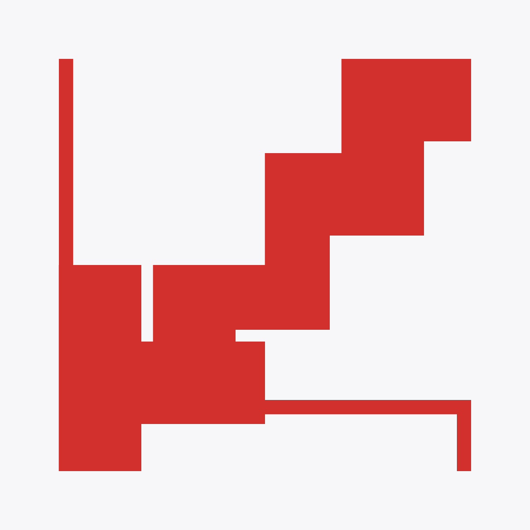 Marche d'escalier rouge stylisée sur fond blanc avec espaces géométriques.