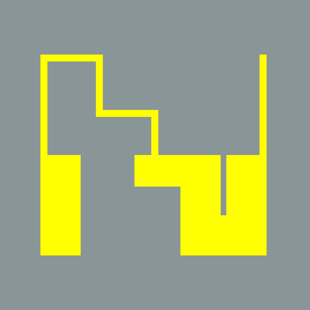 Forme géométrique jaune avec lignes droites et angles droits sur fond gris.