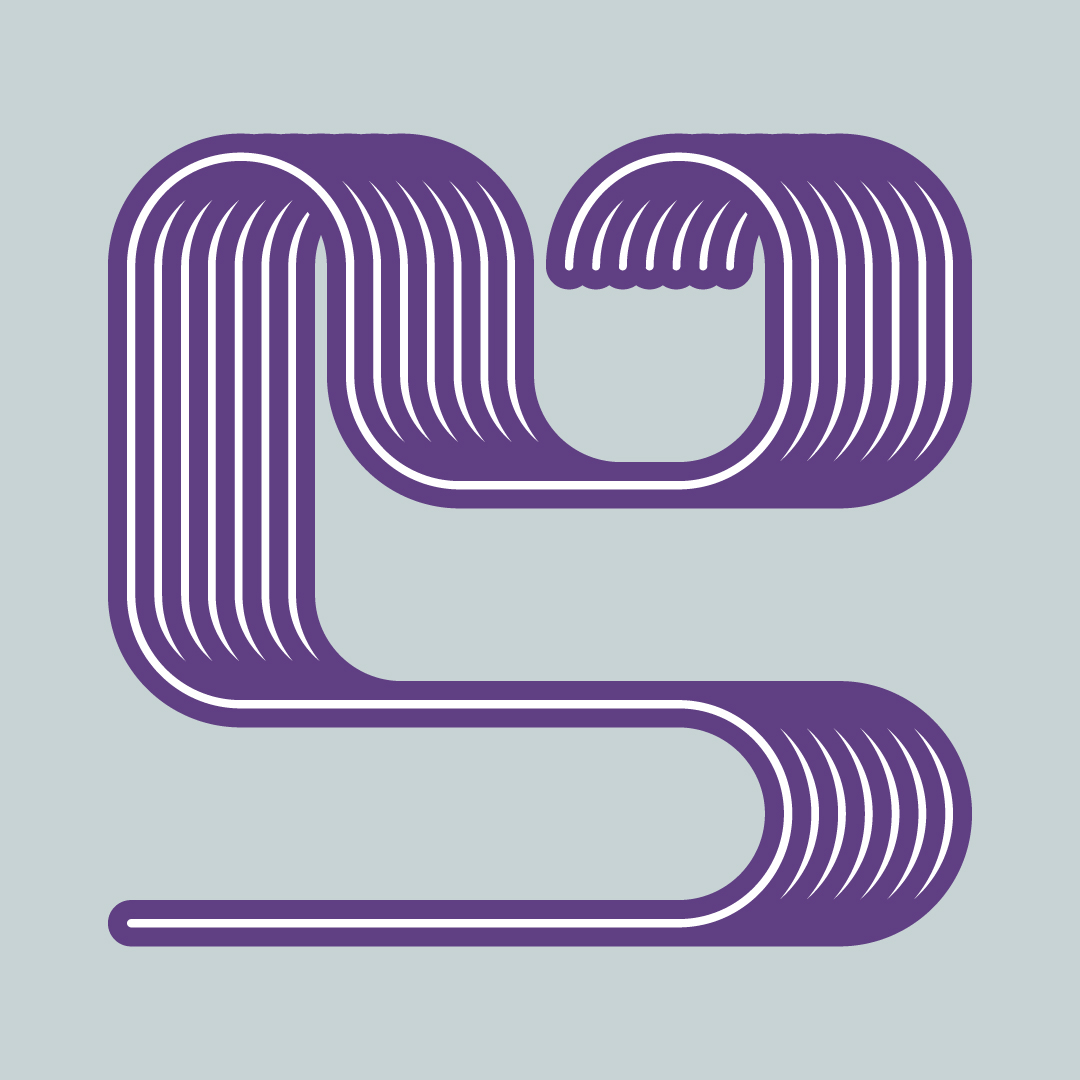 Lignes parallèles violettes formant une boucle abstraite sur fond gris clair.