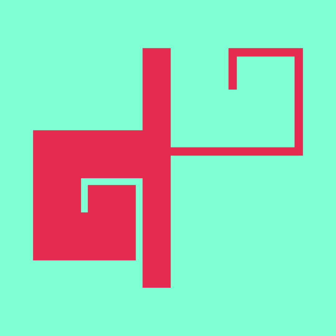 Formes géométriques rouges en spirale sur fond turquoise avec angles droits.