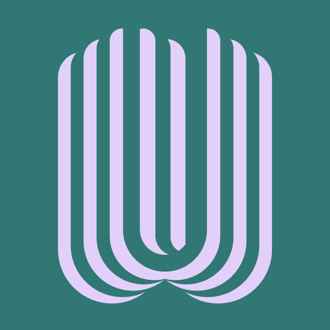 Motif abstrait de formes longues violettes clair en demi-cercles sur fond vert sombre.