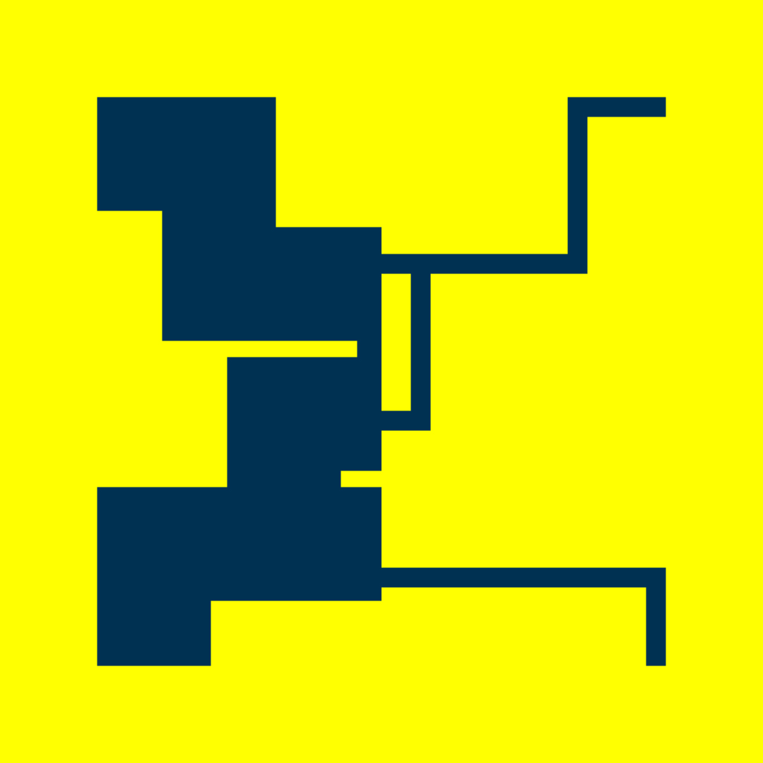 Motif abstrait avec formes rectangulaires et lignes noires sur fond jaune vif.