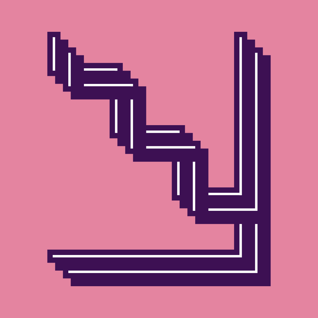 Symbole angulaire violet avec lignes blanches parallèles sur fond rose.